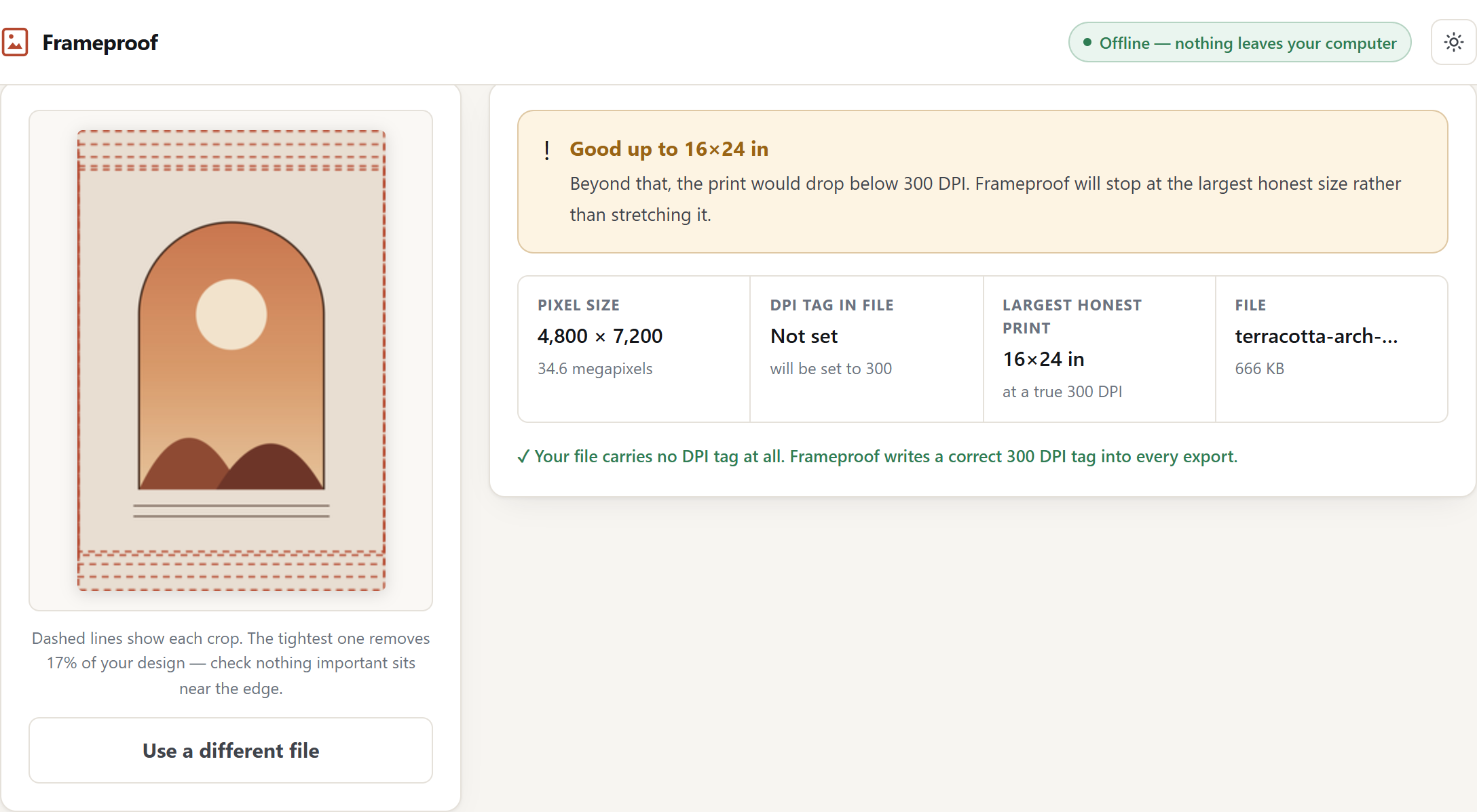 The Frameproof preflight report, showing pixel size, DPI tag, the largest honest print size, and a crop preview.