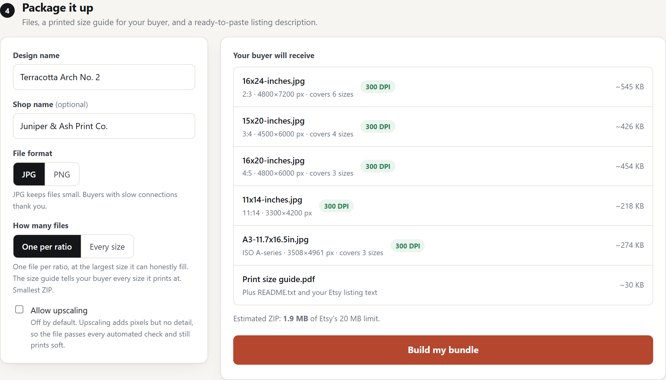 The packaging step, listing each file the buyer will receive with its DPI and estimated size, and the running total against Etsy's 20 MB limit.