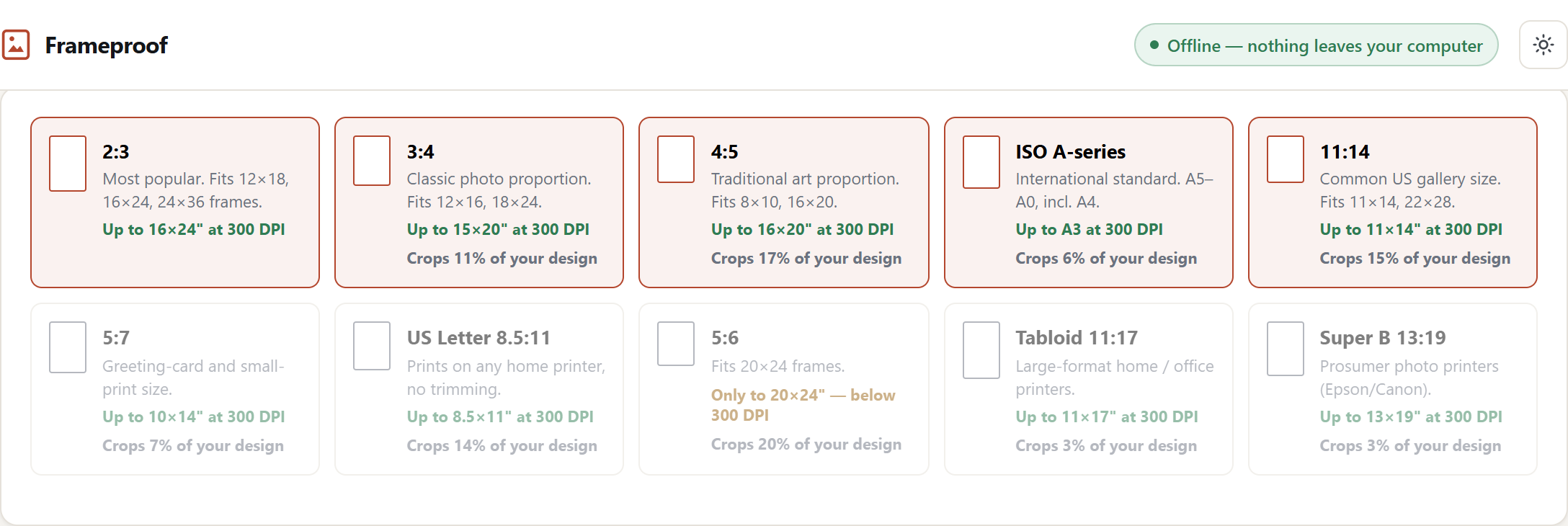 Ratio selection, showing for each ratio the largest size it can honestly fill and how much of the design it crops.